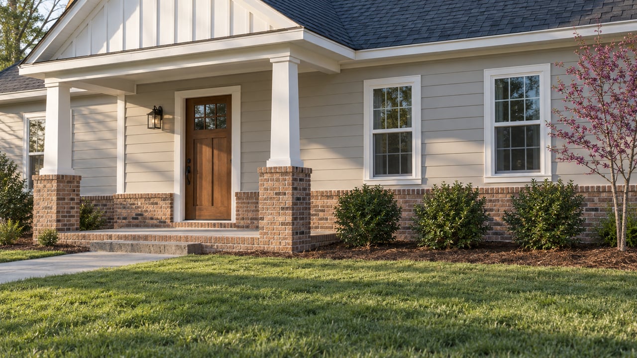 Suburban house with a covered porch, white columns, warm-gray siding, brick base, and broad front lawn.