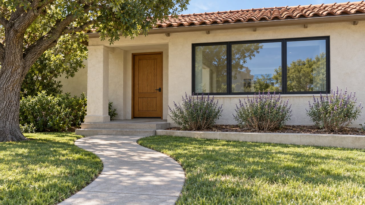 Sun-faded terracotta roof and ivory stucco above an oak entry door and black-framed windows, seen across a lawn and curved concrete walk.