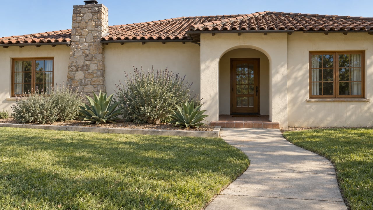Light stucco home with a red clay tile roof, stone chimney, arched entrance, and a concrete path through a sunlit front lawn.