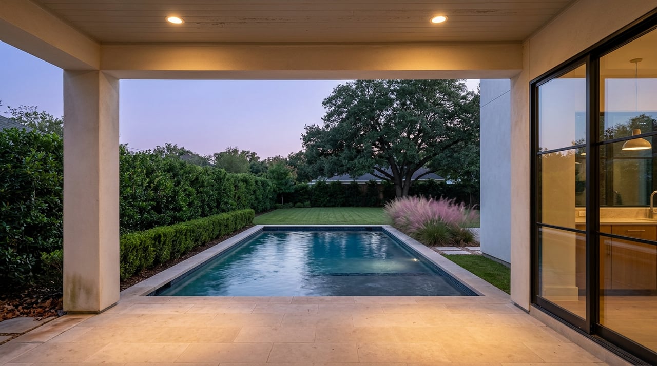 Covered patio overlooking a rectangular pool, clipped hedge, lawn, and mature tree beneath a blue-lavender dusk sky.