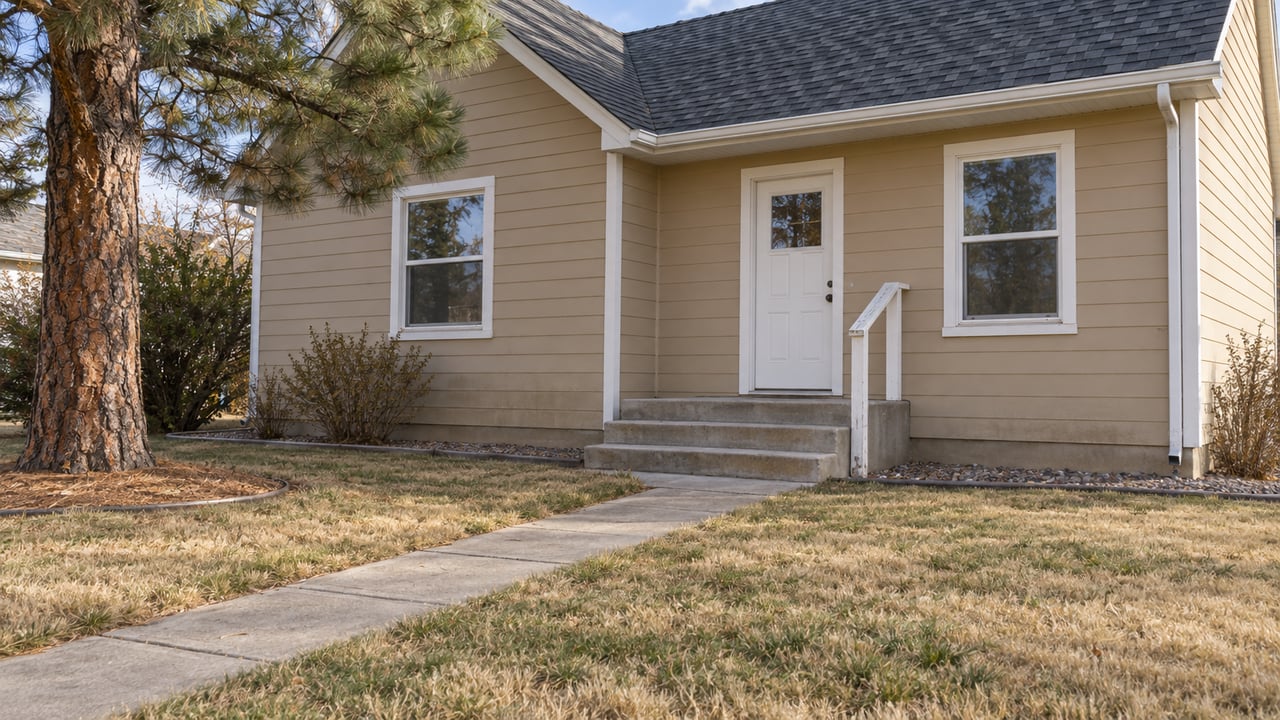 Tan lap-sided home with a steep shingled roof, white trim, concrete front steps and a dry autumn lawn beside a mature pine.