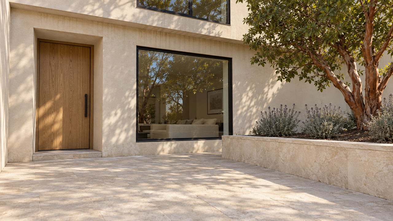 Pale stone entry terrace beneath an ivory stucco home, with an oak door, black-framed windows and a sculptural strawberry tree in a raised stone planter.