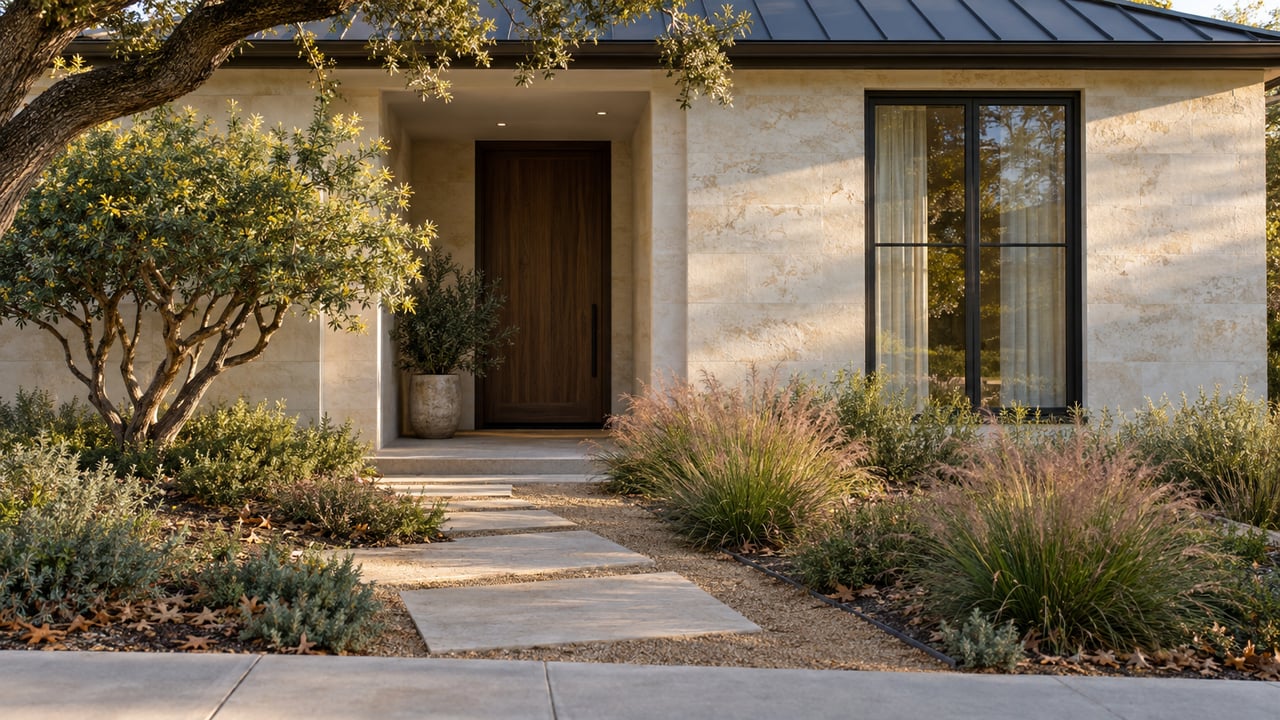 Limestone home entry with a recessed walnut door, black-framed window, and diagonal stone path through grasses.