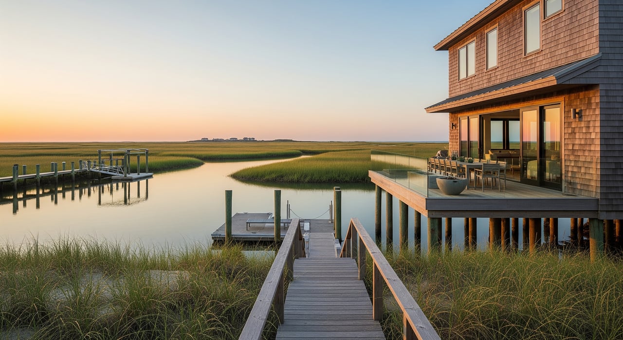Shingled waterfront house on pilings beside a marsh, with a wooden walkway leading to the water.