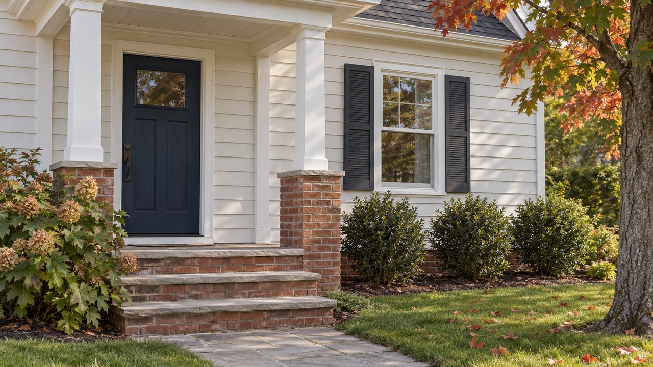 Detached house with a navy paneled door, brick steps, white siding, and shrubs along the foundation.