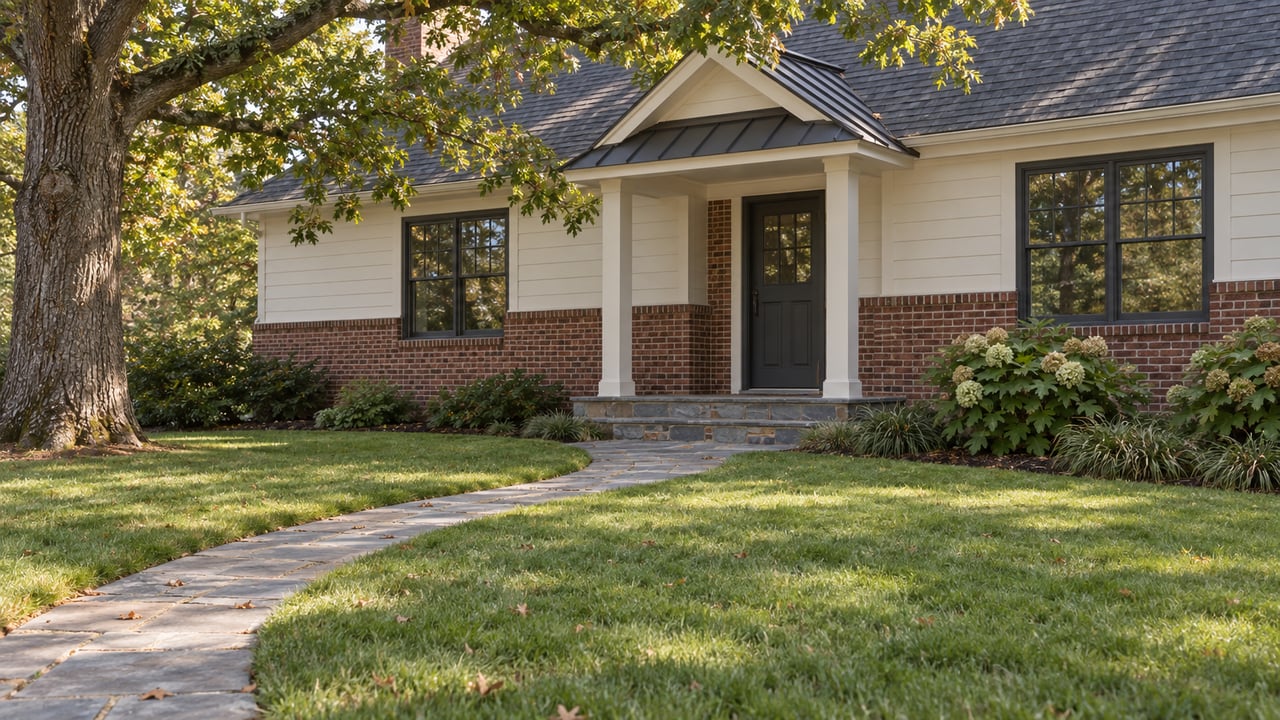 Brick-and-siding house beyond lawn, with a curving bluestone path, oak canopy, and recessed porch.