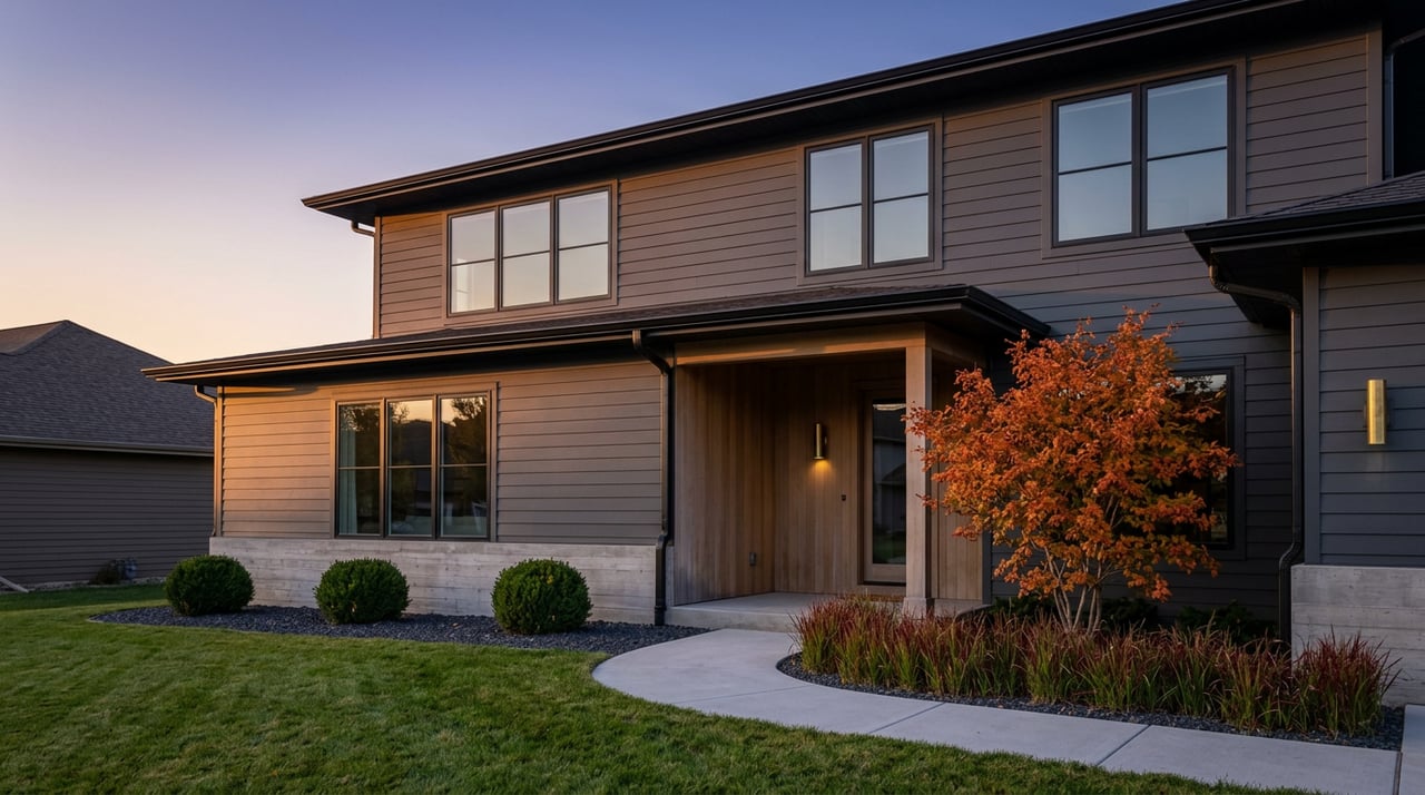 Two-story gray-sided home with a recessed oak entry, curved walkway, and orange-red autumn tree.