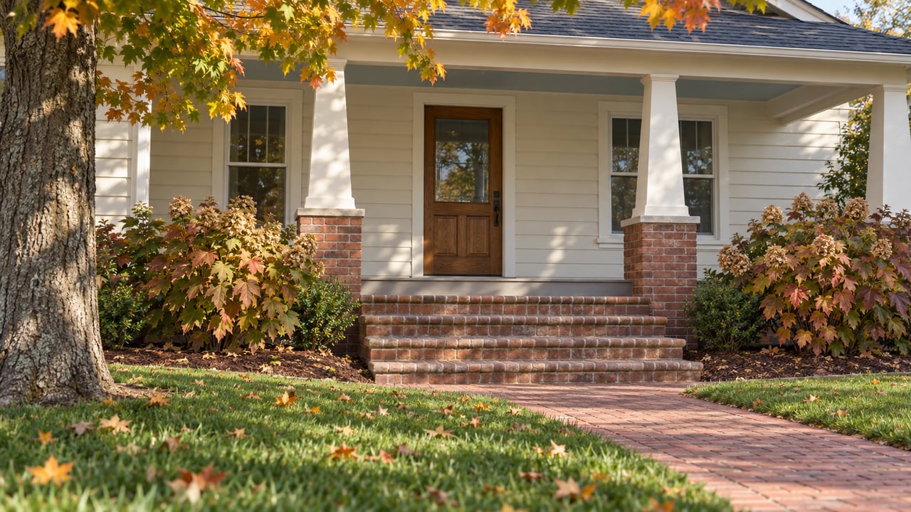 Cream clapboard bungalow with tapered porch columns, worn brick steps, and an autumn maple above a green front lawn.