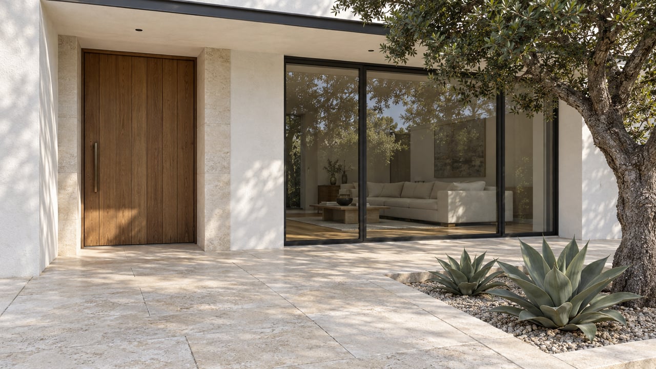 Sunlit limestone entry terrace with a recessed oak door, white stucco walls, closed black-framed glazing and a sculptural oak tree.