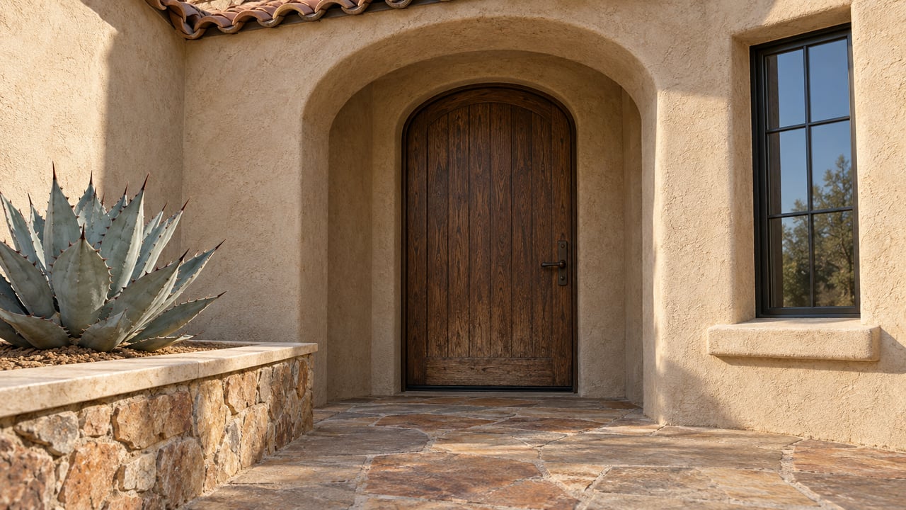 Deep arched stucco entry with a dark timber door, weathered flagstone landing and a sculptural blue-gray agave in a stone planter.