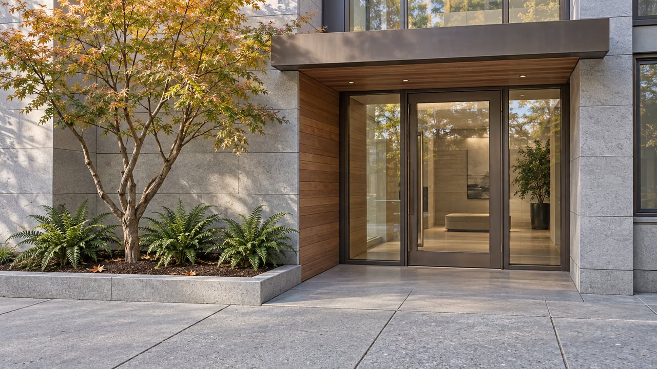 Stone and cedar condominium entrance with bronze-framed glass, a branching vine maple and sword ferns beside a broad concrete sidewalk.