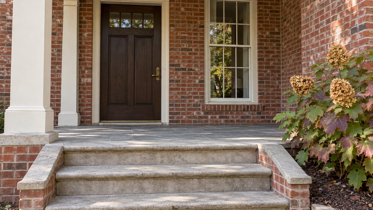 Brick home entry with worn limestone steps, a dark oak door and an oakleaf hydrangea beside the porch.