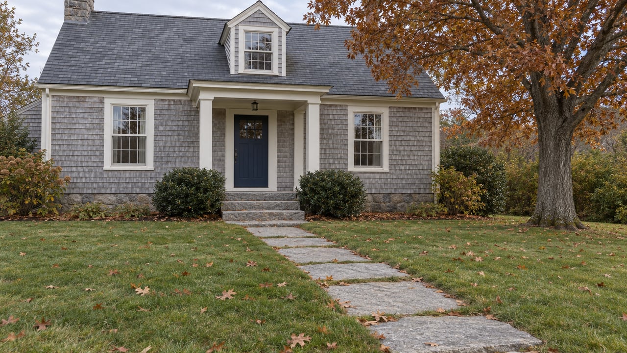 Silver-shingled house with a dark blue entry door, granite-slab path across a broad lawn, and copper-leaved oak.