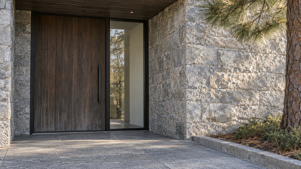 Modern home entrance with a dark wood door, glass sidelight, and gray stone facade.