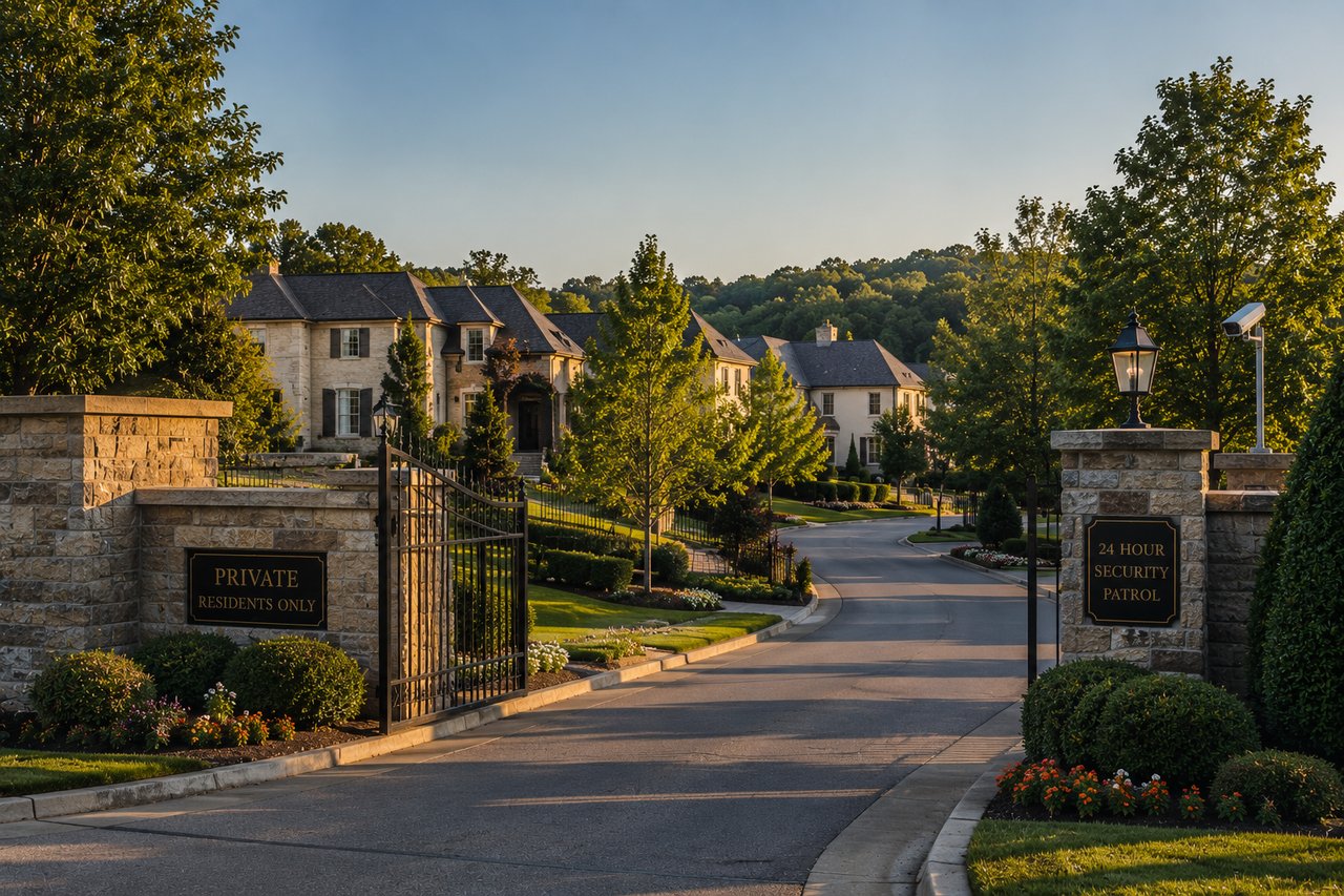 Gated luxury community in Middle Tennessee featuring elegant homes, private streets, manicured landscaping, controlled access, and security features.