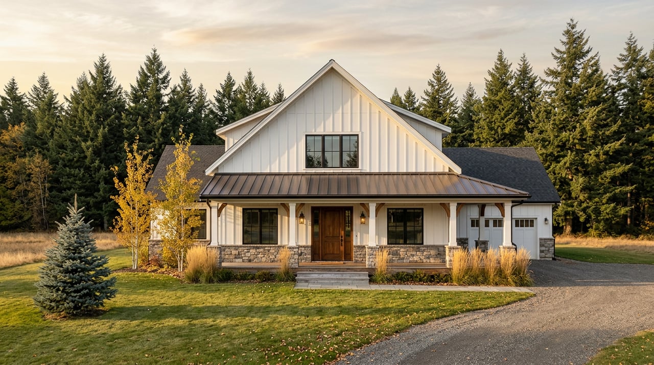 White modern farmhouse with a steep gable, stone base, and golden aspens beside a broad lawn.