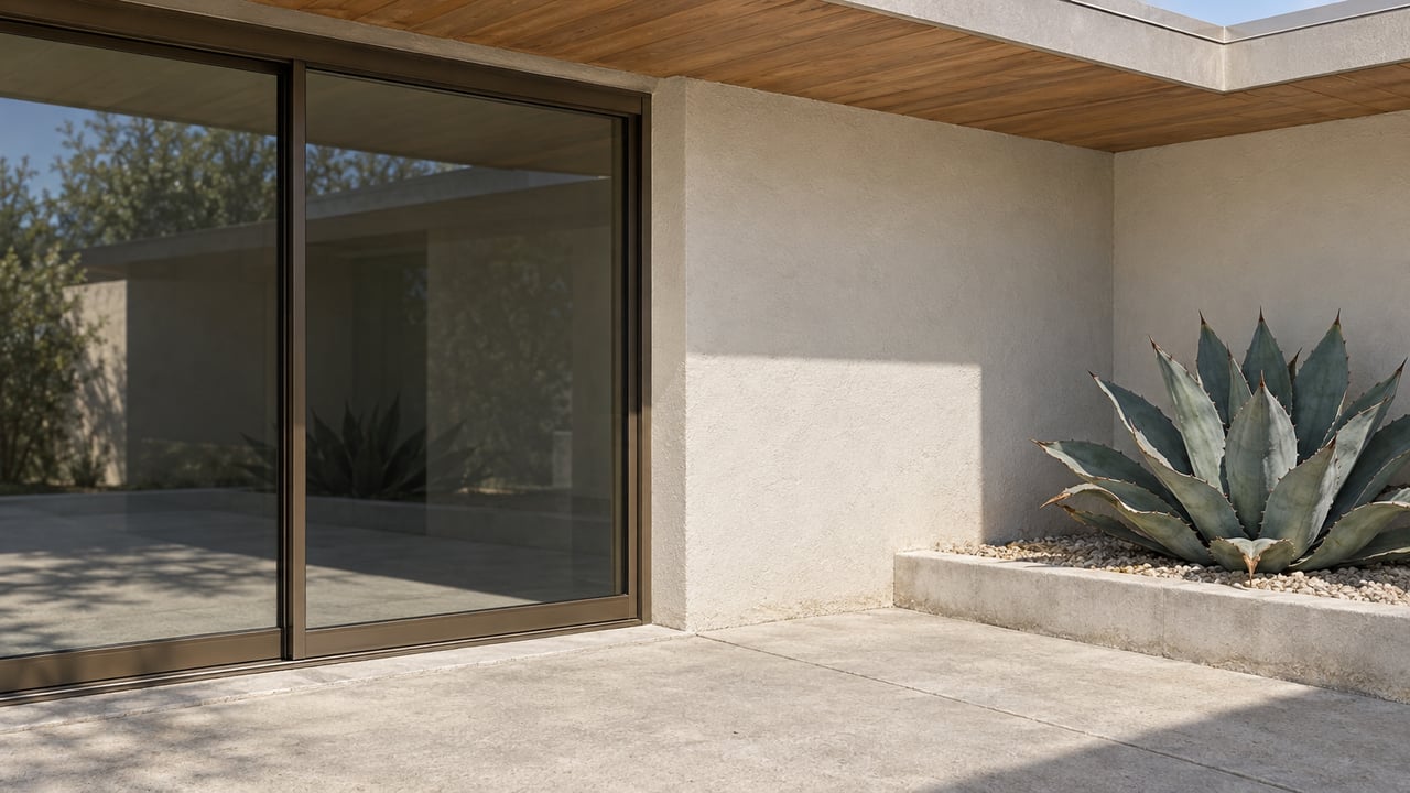 Close view of a low modern home's shaded bronze-framed glass doors, white stucco wall and blue-gray agave beside a concrete patio.