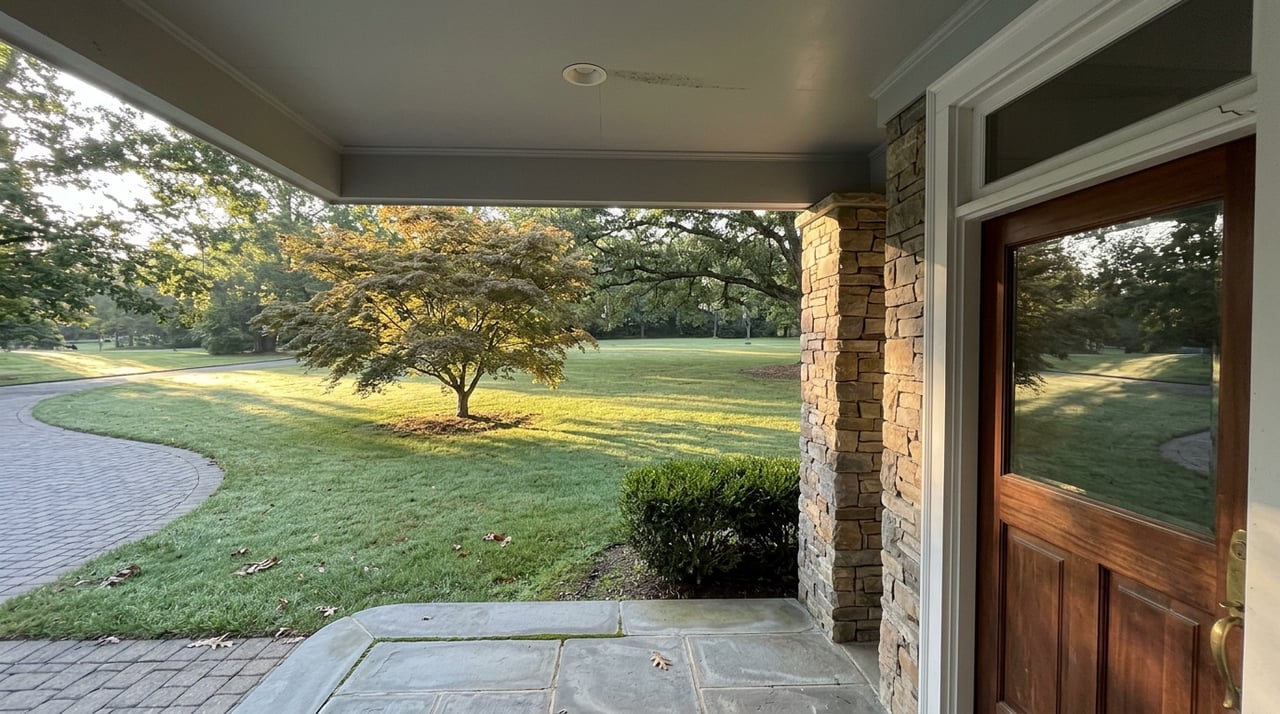 Stone-and-wood entry frames a dew-covered lawn with a sunlit Japanese maple and curving driveway.