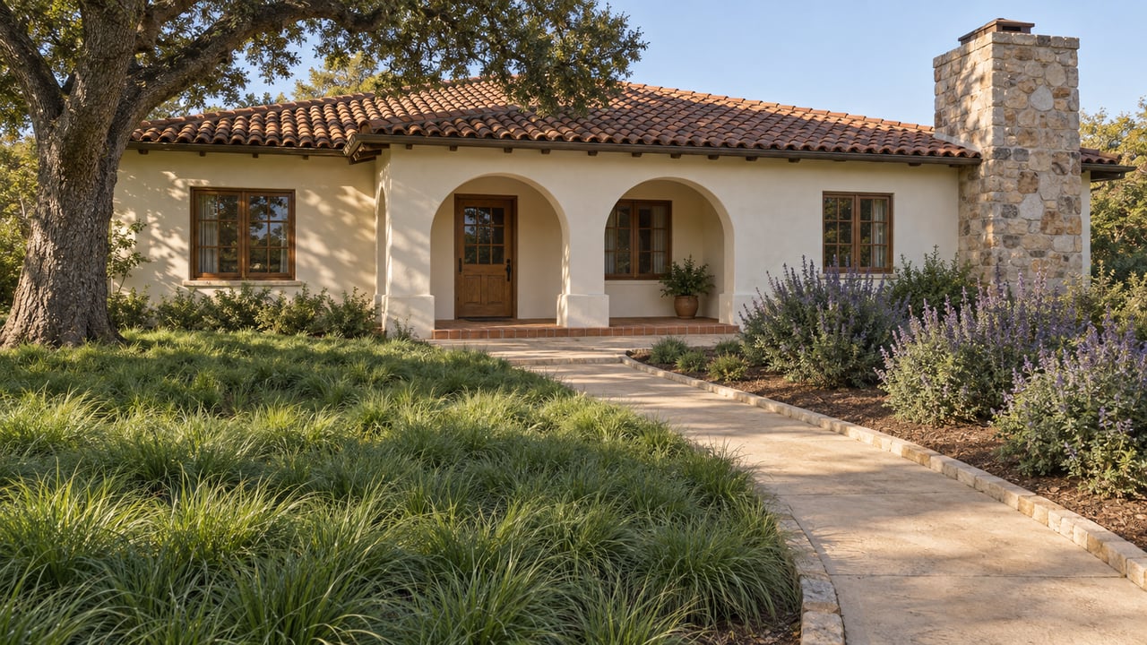 Low ivory stucco home with clay tile roof, stone chimney and arched entry beyond a deep green garden and mature oak.