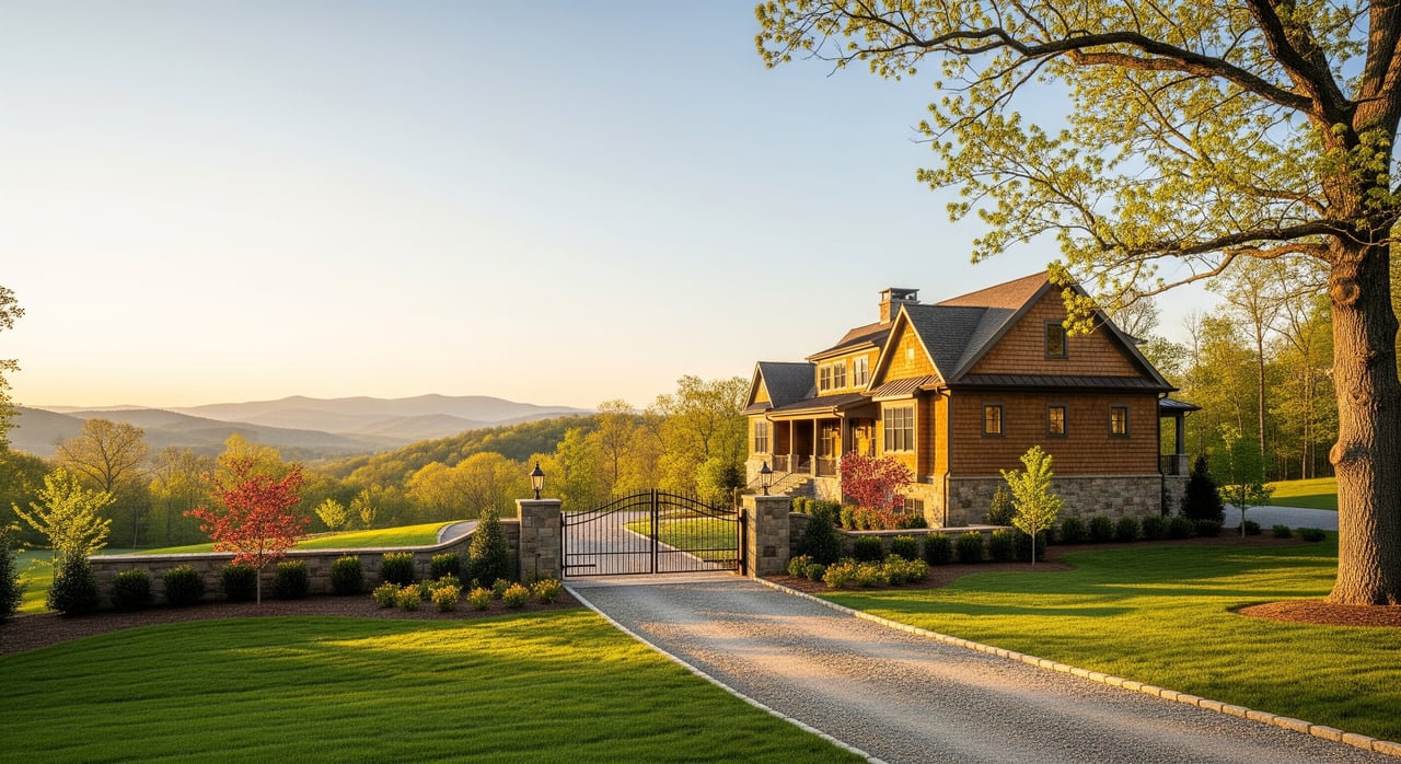 A brown house beside a gated driveway, with a large tree and wooded hills beyond.