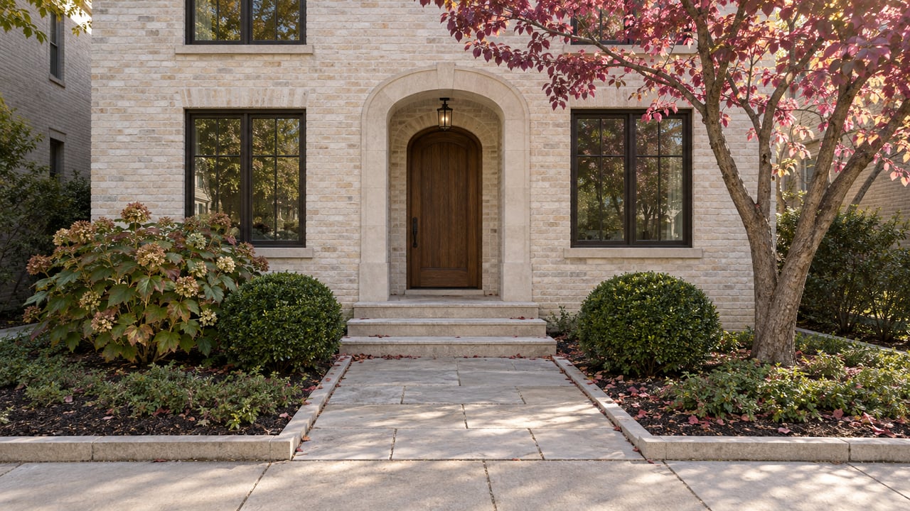 Limewashed brick house with an arched oak door, limestone steps, short walk, and redbud tree.