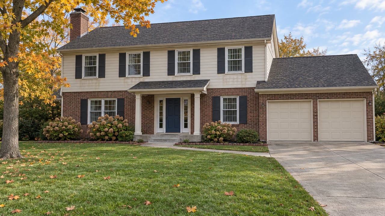 Two-story brick and cream-sided home with a broad front lawn, covered porch and a mature maple turning yellow and orange.
