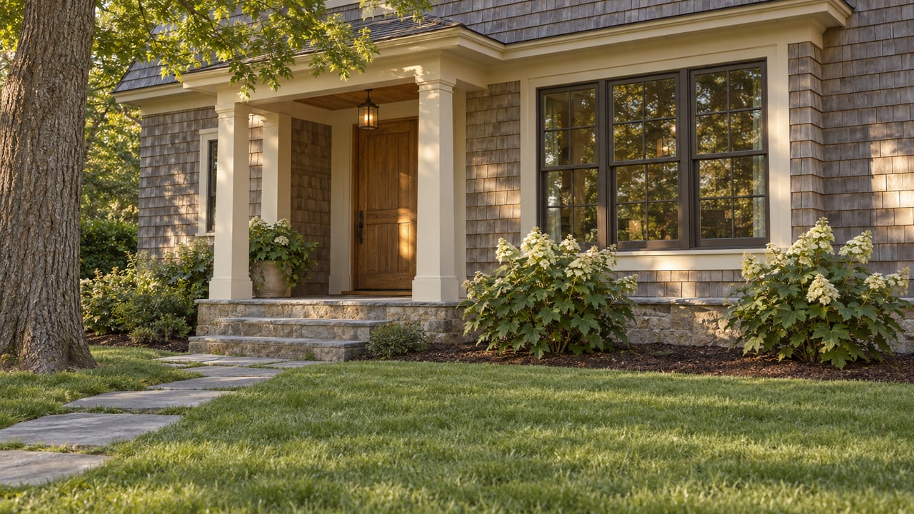 Shingled house entry with an oak door, bluestone path, lawn, and hydrangeas beneath an oak canopy.