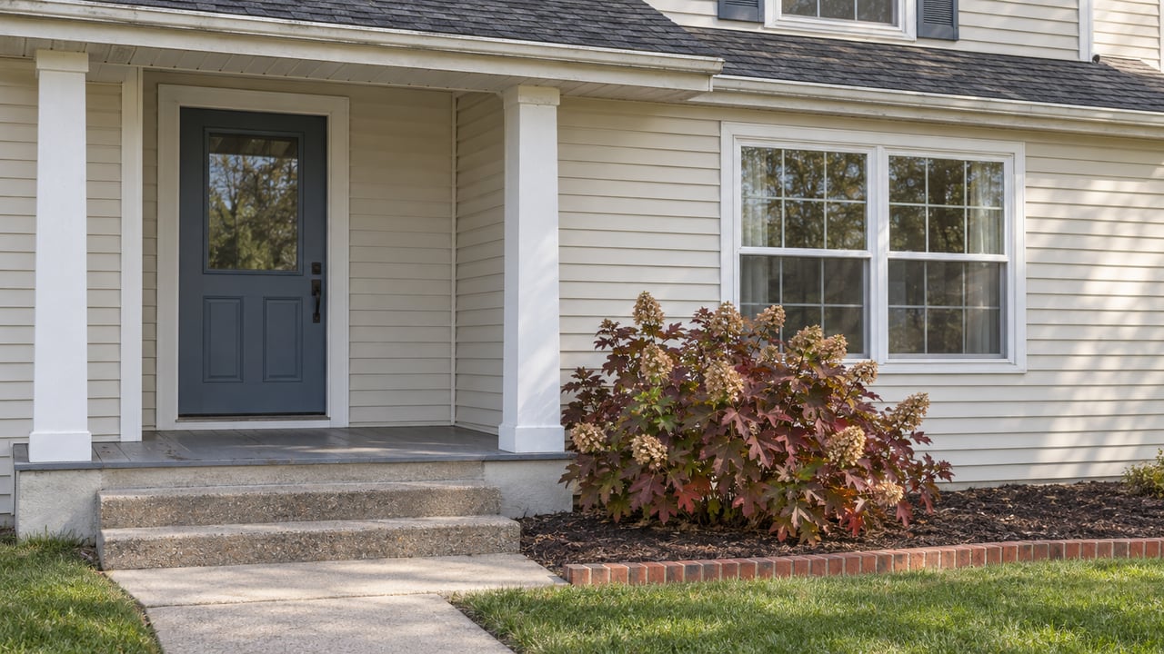 Ivory-sided home with a slate-blue front door, weathered porch steps and burgundy oakleaf hydrangea beside a brick-edged planting bed.