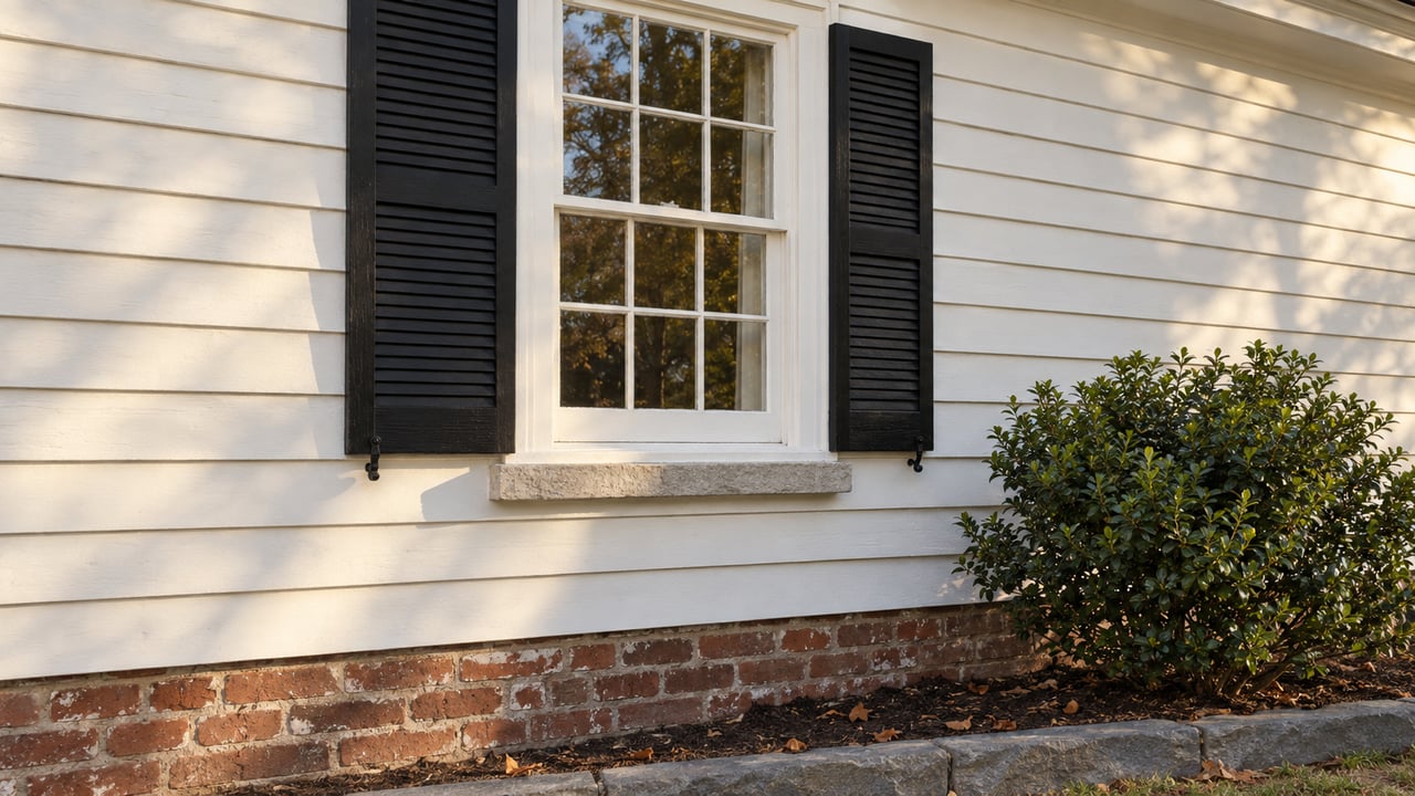 White clapboard house wall with a six-over-six window, black shutters, brick foundation, and a compact shrub.