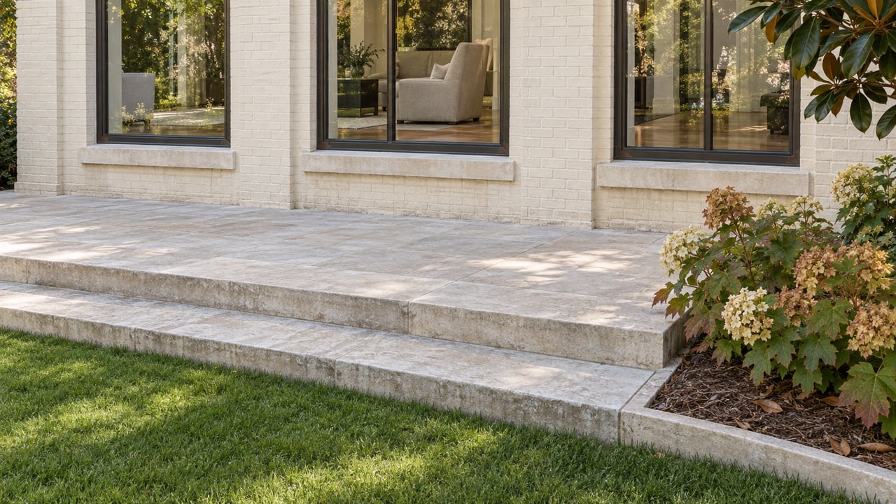 Pale brick estate windows above a limestone terrace and garden steps, beside oakleaf hydrangeas and a broad lawn.