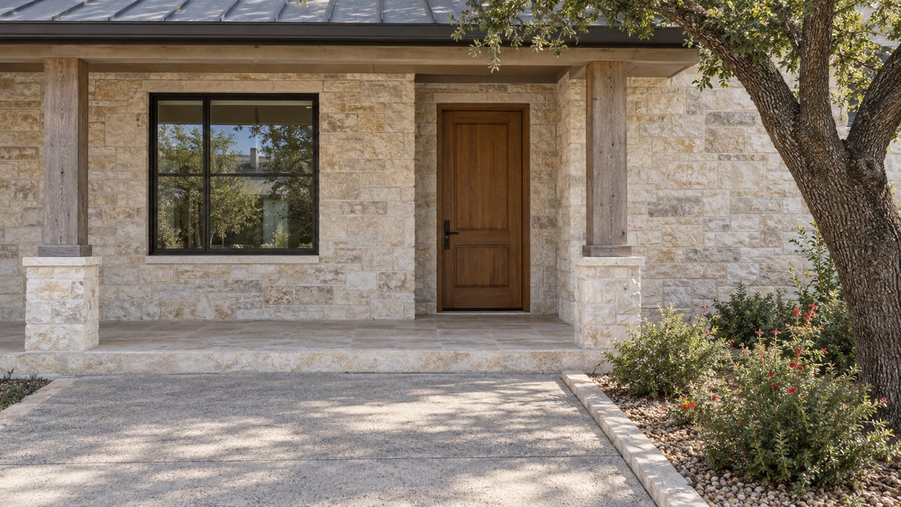 Limestone home entry with a shaded cedar porch, stone paving, and red-flowering shrubs beside a mature live oak.