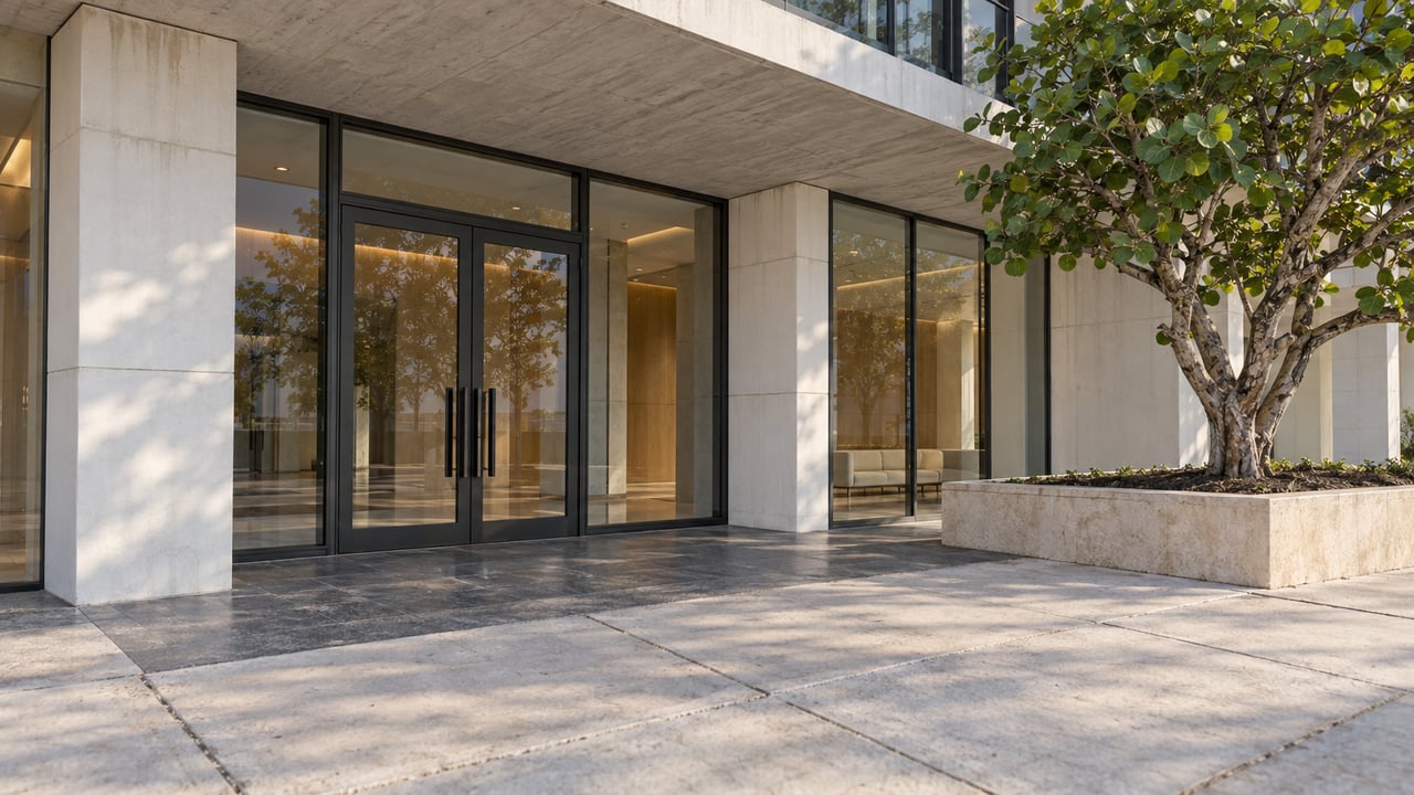 Contemporary condominium entrance with dark-framed glass doors, a broad pale sidewalk and a sea grape tree in a raised limestone planter.