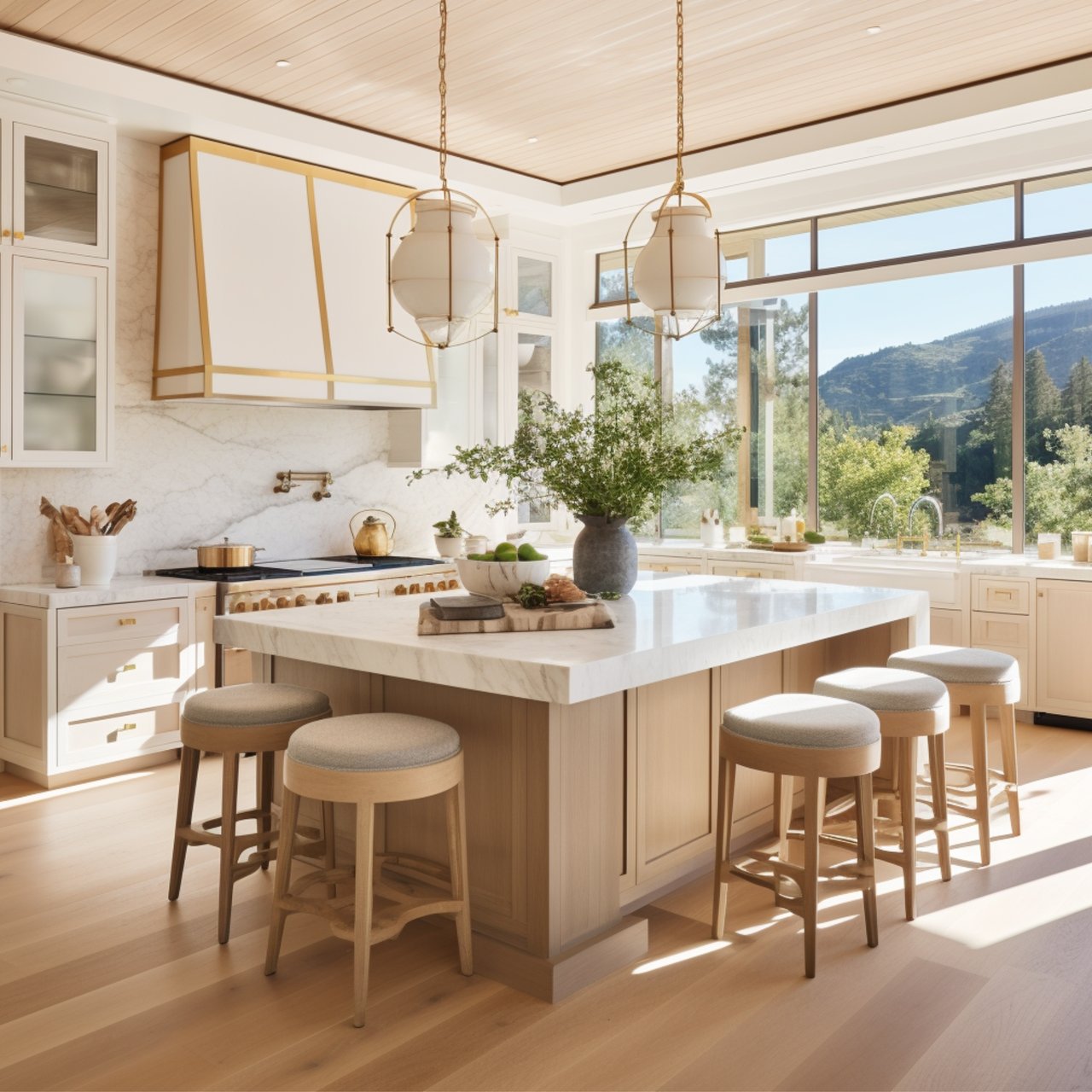Modern kitchen with a marble island and mountain views through large windows.