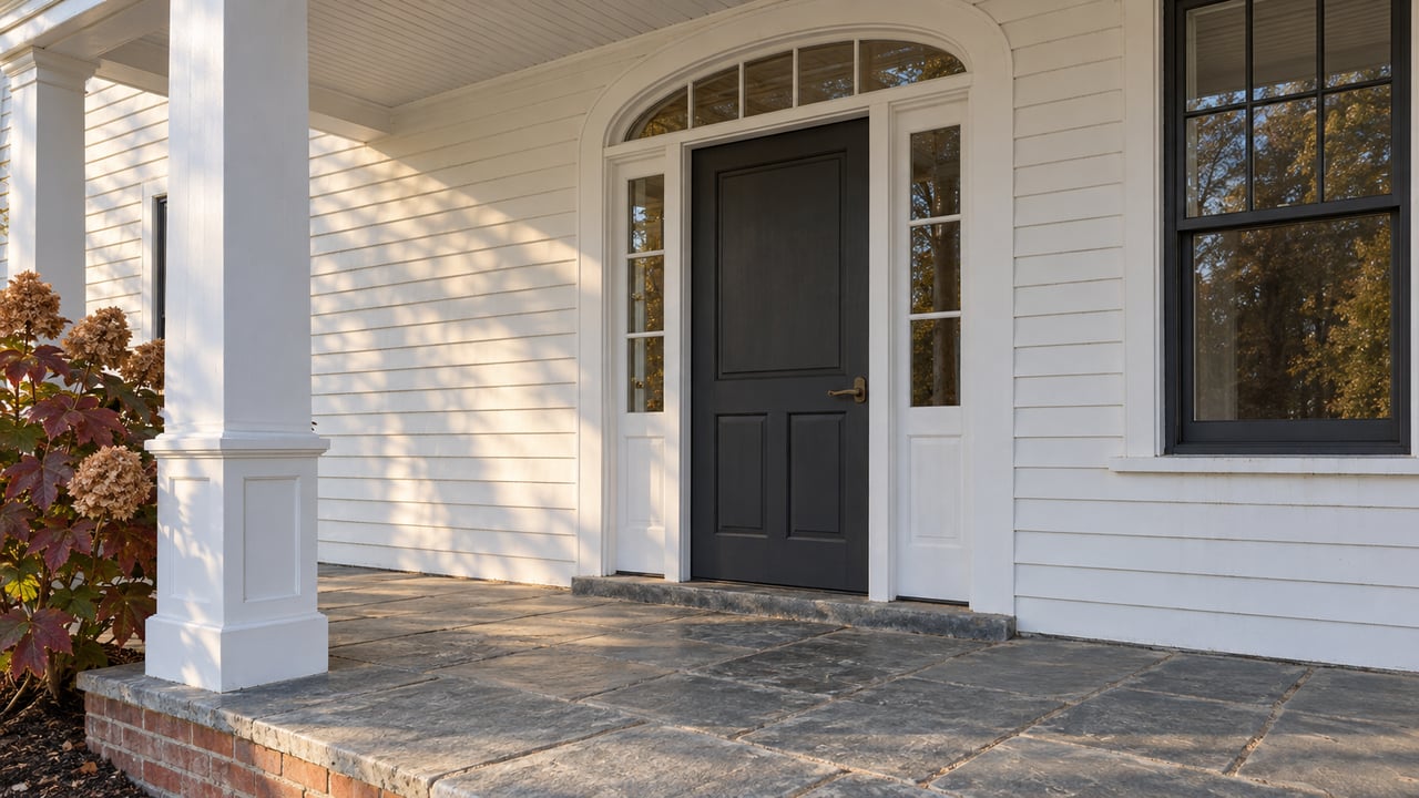 White clapboard home with a charcoal entrance door, arched transom, stone porch and burgundy oakleaf hydrangea.