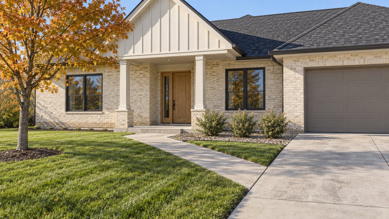 An ivory-brick home with a steep charcoal roof, oak entry door, deep green lawn and an amber-leaved maple in clear morning light.