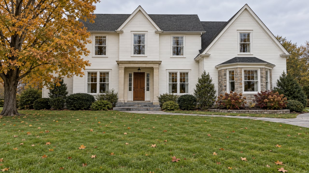 A bright clapboard and stone home across a broad autumn lawn, with a mature maple and a curved bluestone approach.