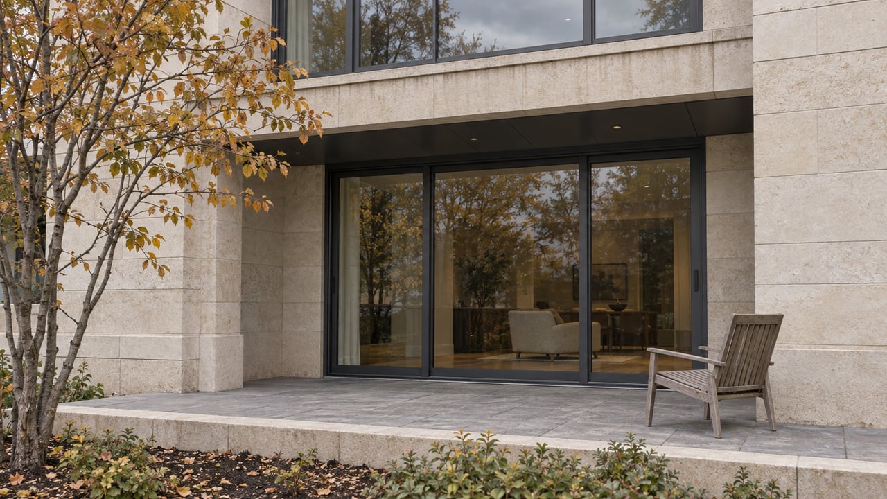 Close view of a limestone condominium facade with dark window frames, a sheltered stone terrace, and an autumn serviceberry tree.