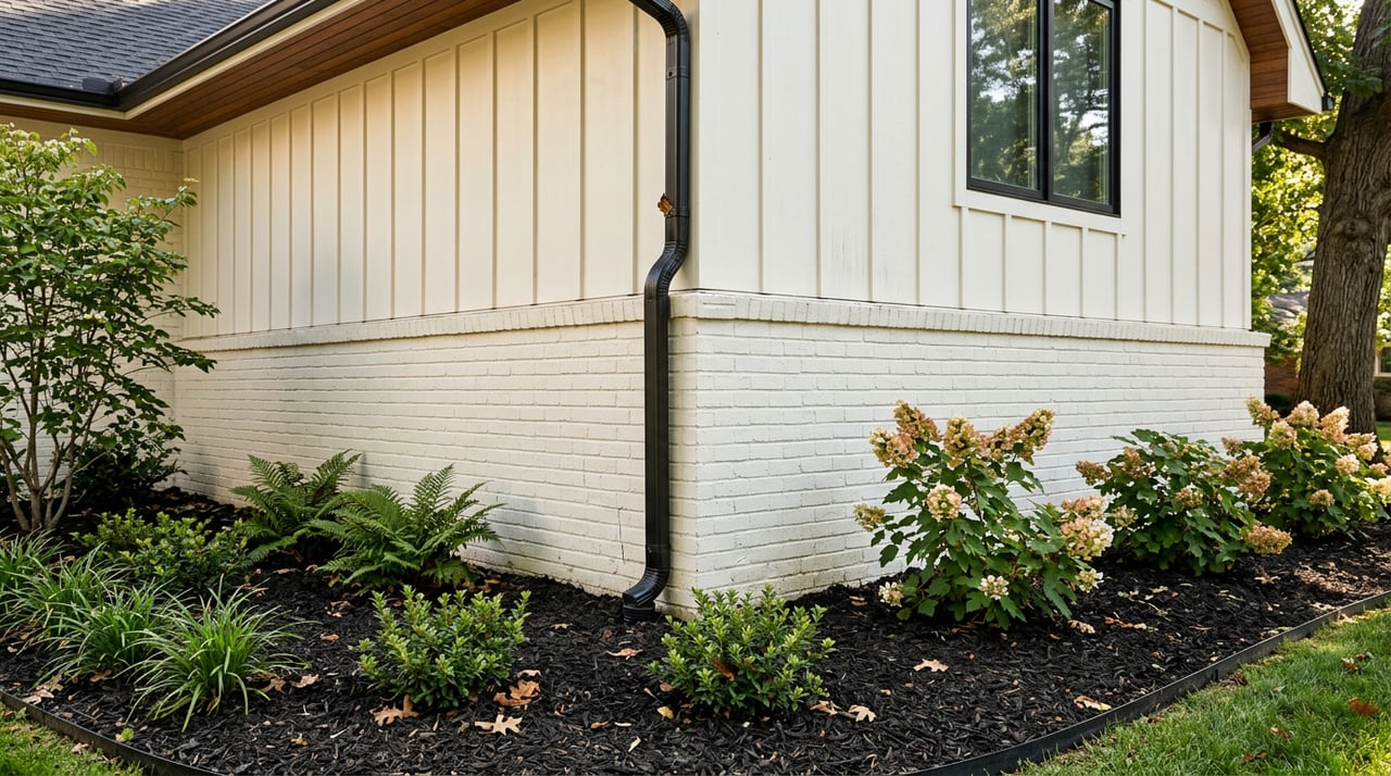 Warm-white brick and board-and-batten house corner with a black downspout, hydrangeas, and oak canopy.