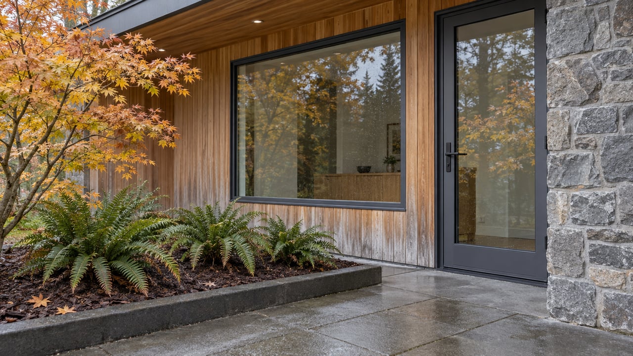 Contemporary home's cedar-clad terrace corner with charcoal-framed glazing, gray stone, autumn vine maple, and sword ferns.