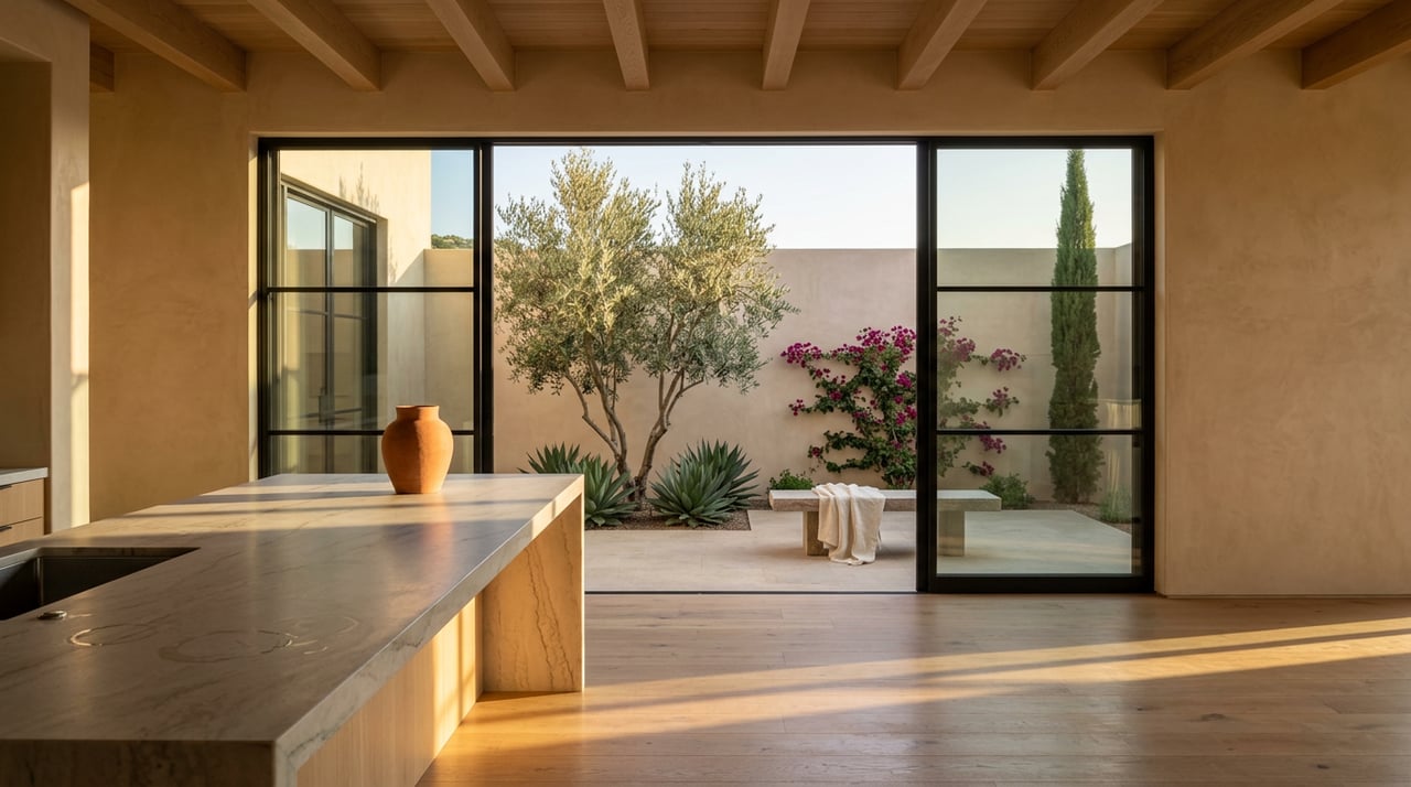Great room with an open steel-framed glass wall, oak floors, and an olive tree in a walled garden.
