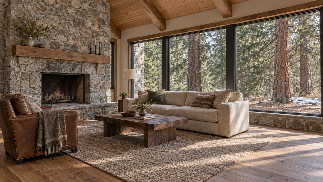 Timber-ceiling living room with a quartzite fireplace, wool seating, and tall windows facing mature conifers.