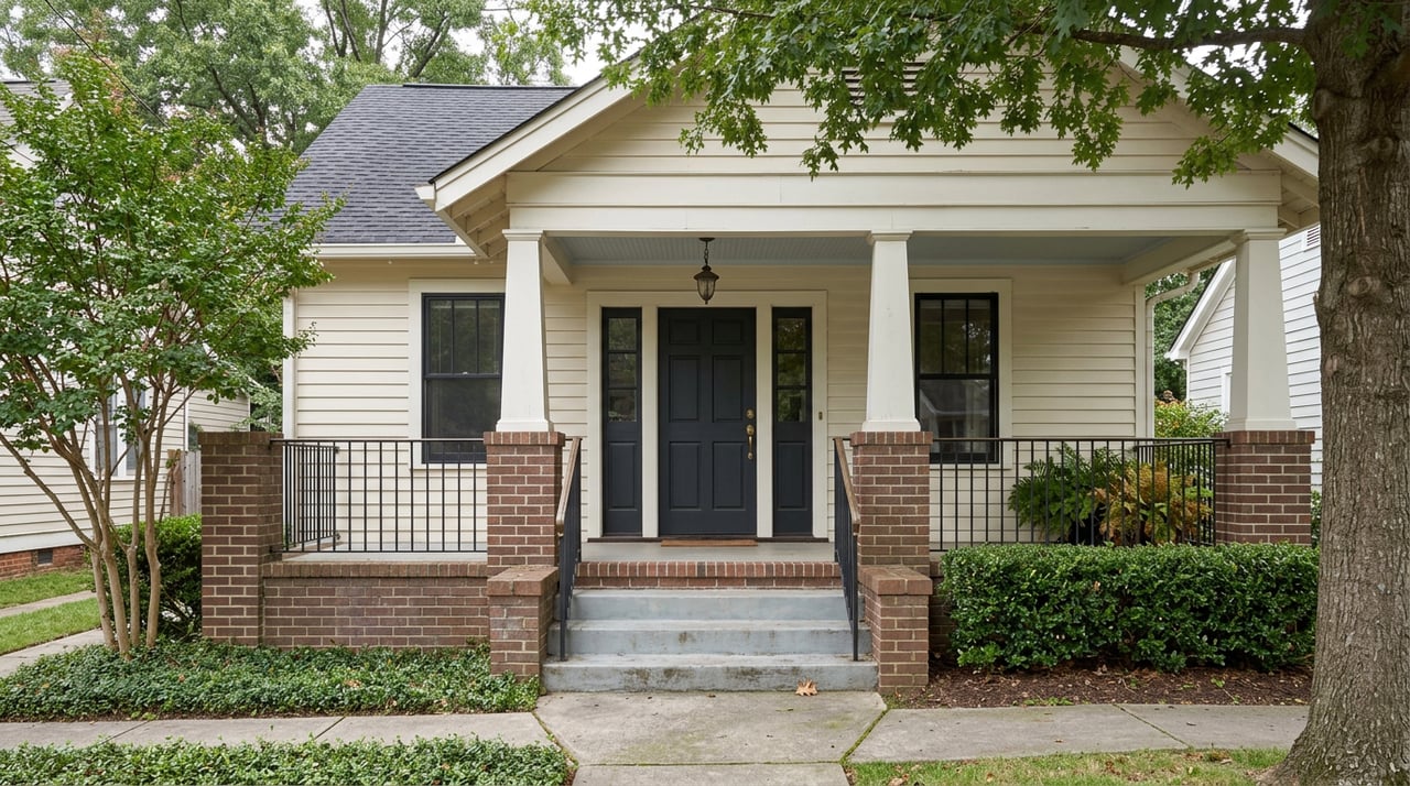 Cream clapboard bungalow with a brick porch, charcoal door, iron railing, and tree canopy overhead.