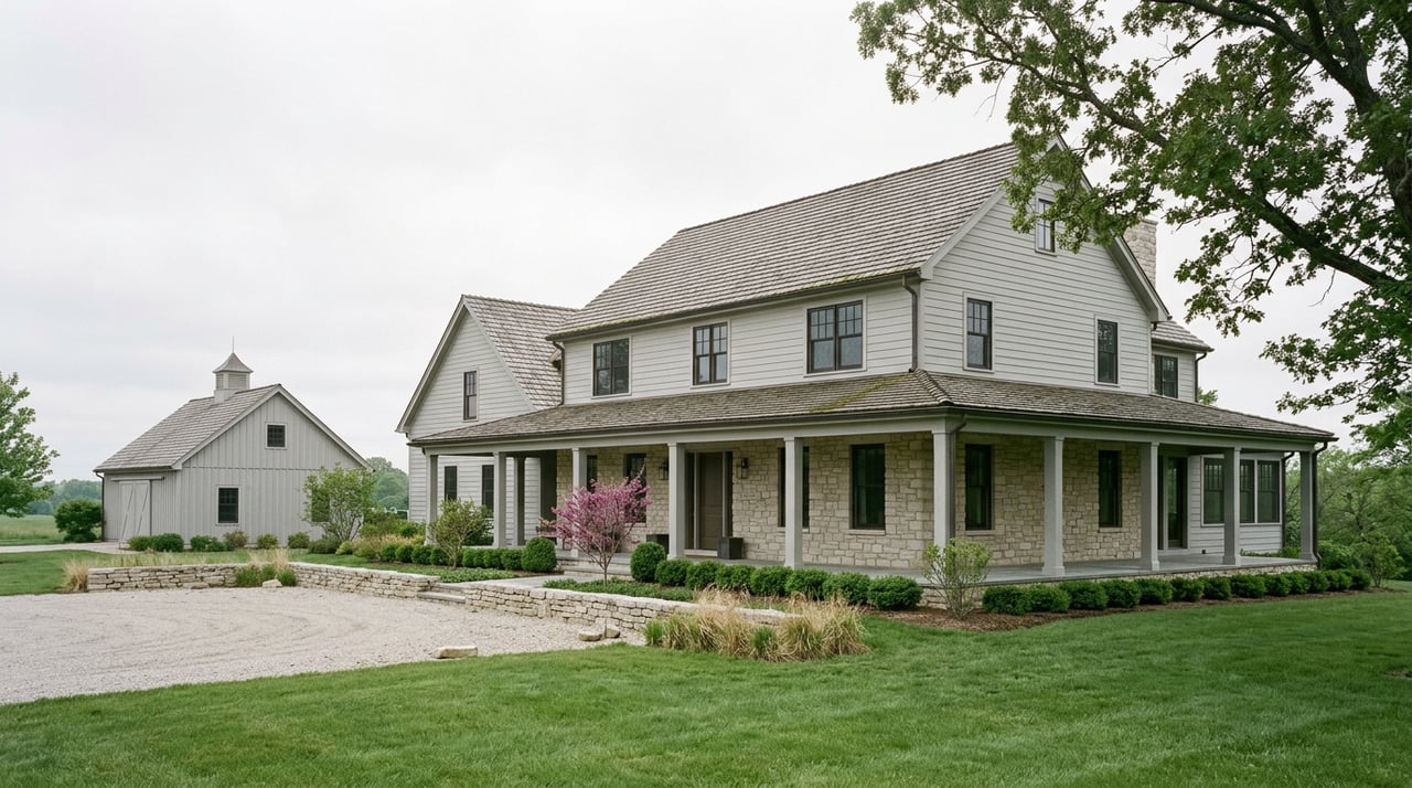Stone-and-shake estate home with a wraparound porch, framed by a mature oak; detached bank barn beyond the lawn.
