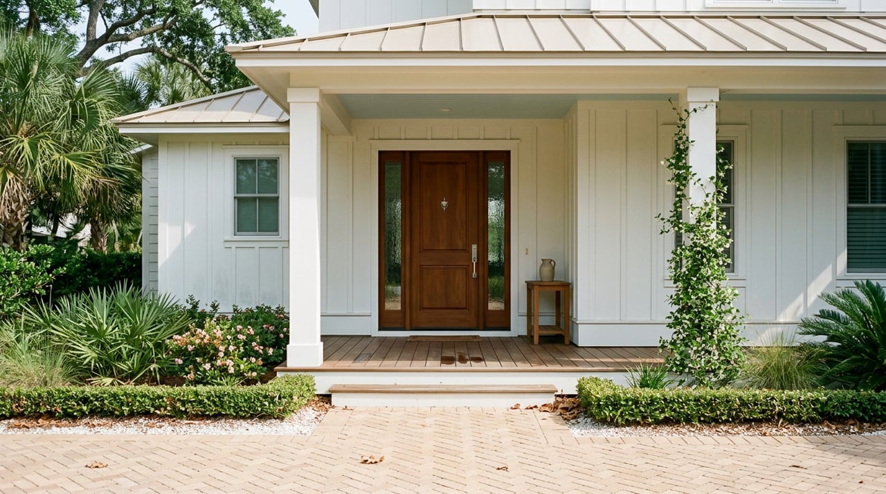 Coastal home’s mahogany front door between white columns, with a blue porch ceiling and palm-fringed entry.