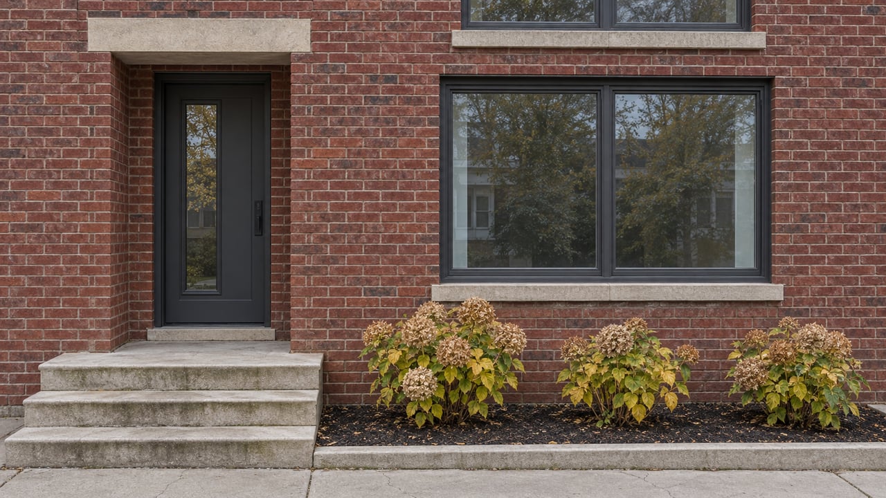 Red brick home with charcoal-framed windows, a recessed dark entry, worn limestone steps and three autumn hydrangeas.