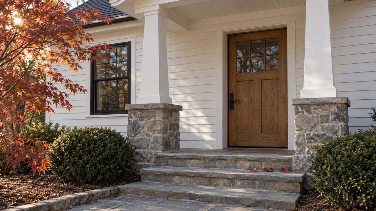 Oak front door beneath a white clapboard porch, framed by a Japanese maple with copper-red leaves.