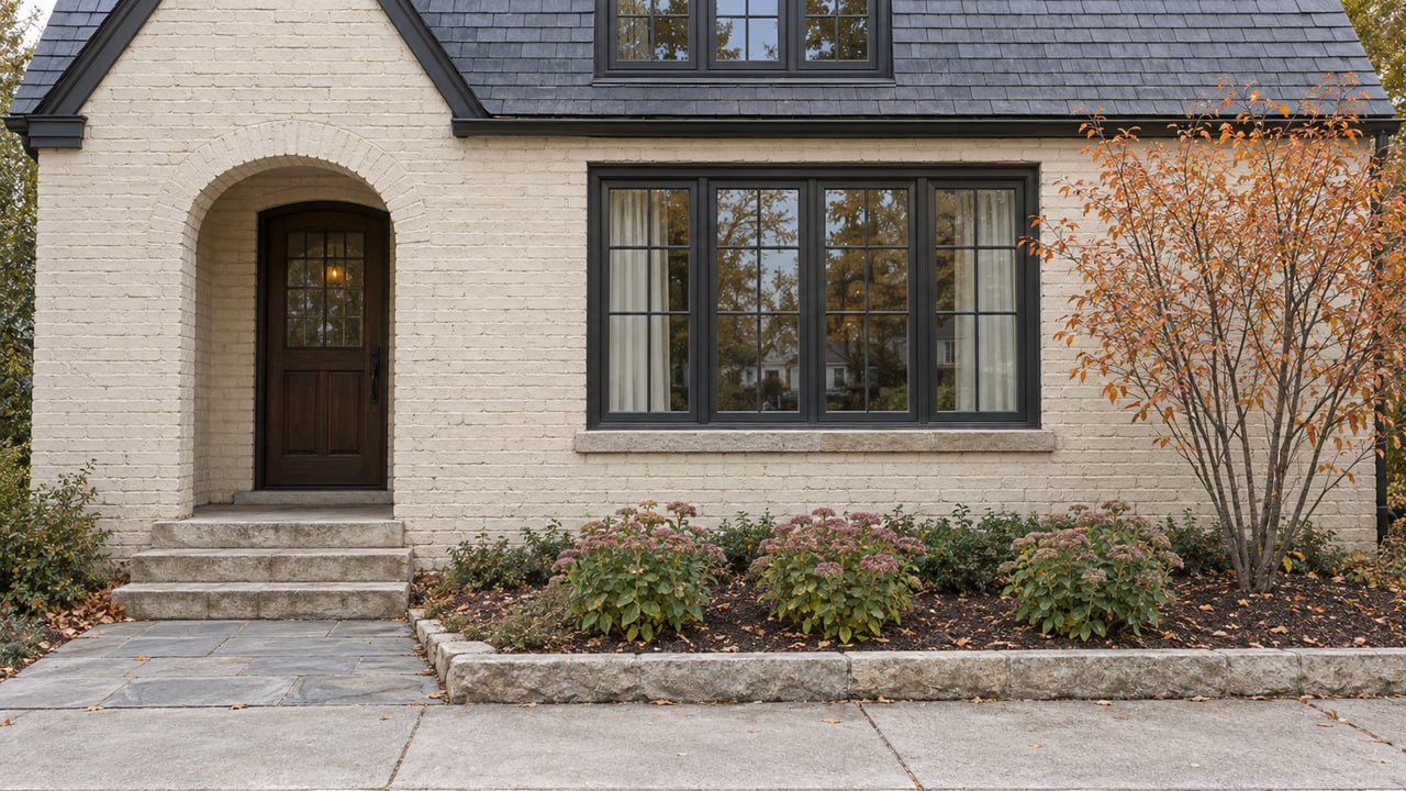 Cream-painted brick house with an arched entry, limestone steps, divided-light window, and small autumn garden.