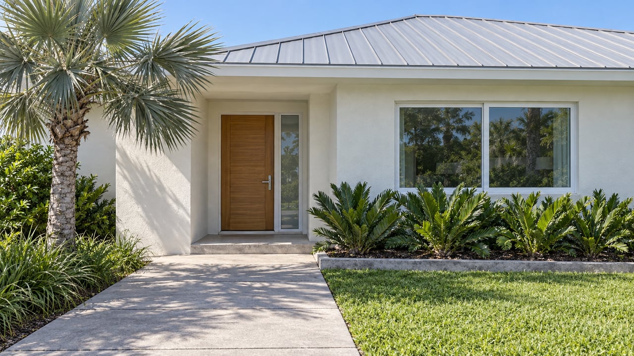 Sunlit ivory-stucco home with a recessed oak front door, pale metal roof, silver palm and edged coontie planting beside a concrete approach.