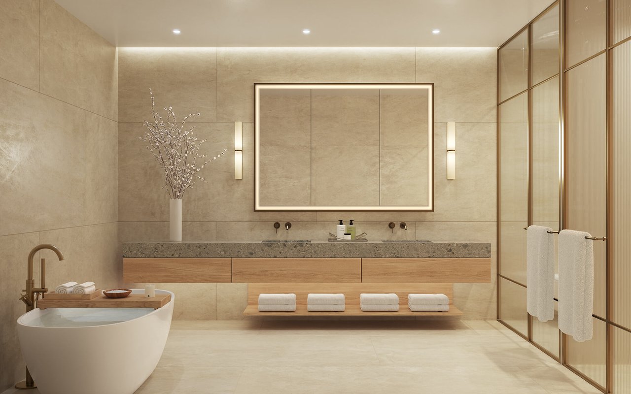 Shell Bay primary bathroom rendering in Hallandale Beach.