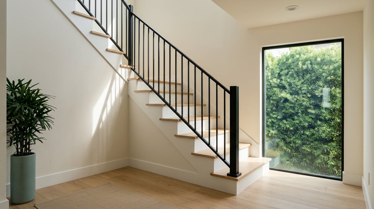 White oak staircase with matte-white risers and black metal railing, beside a tall window framing a clipped hedge.
